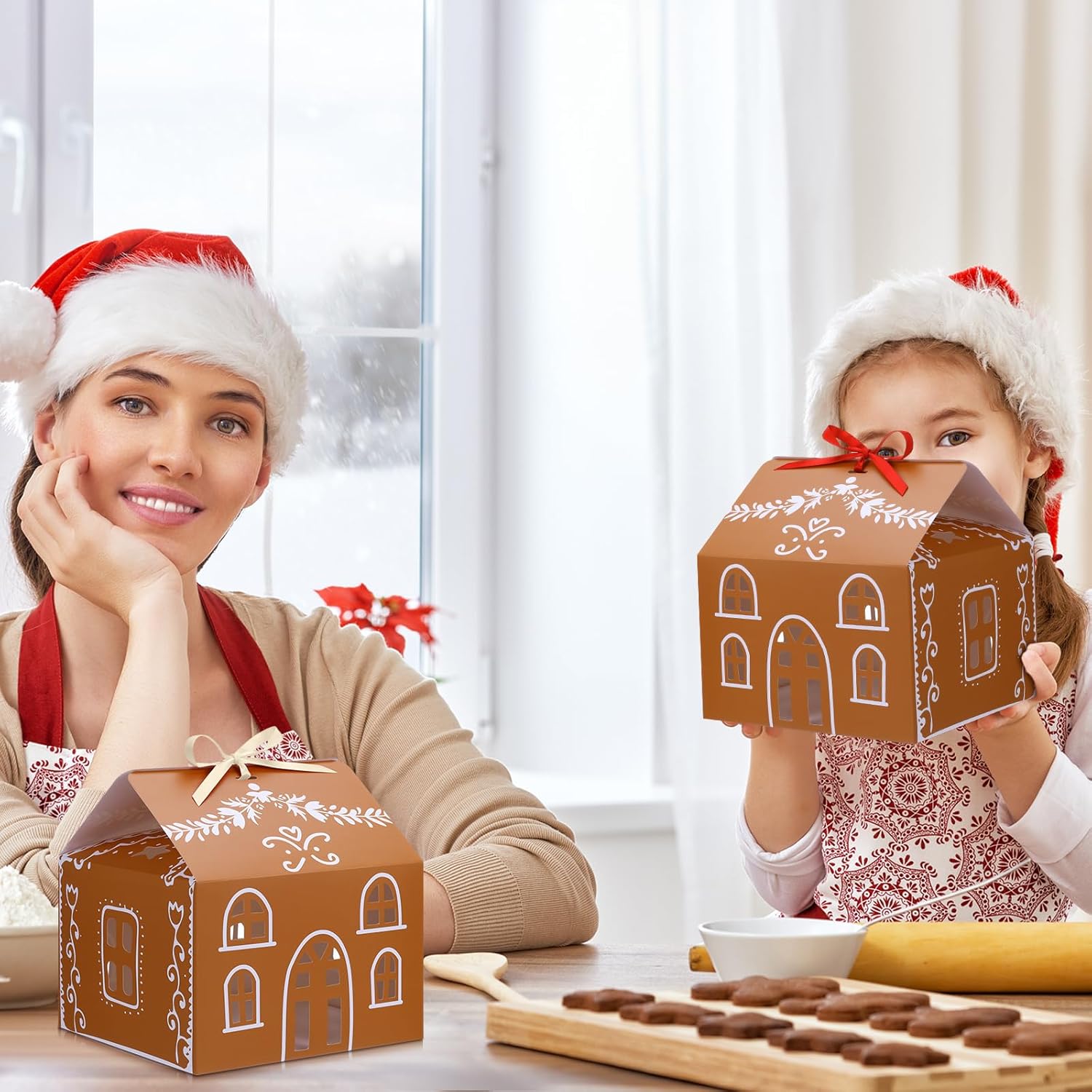 Gueevin 24 Pcs Large Christmas Gingerbread House Gift Boxes Xmas Cookie Packaging with 12 White & 12 Red Ribbons for Festive Holiday Treats & Party Favors(8.3 x 8.3 x 8.5 in)