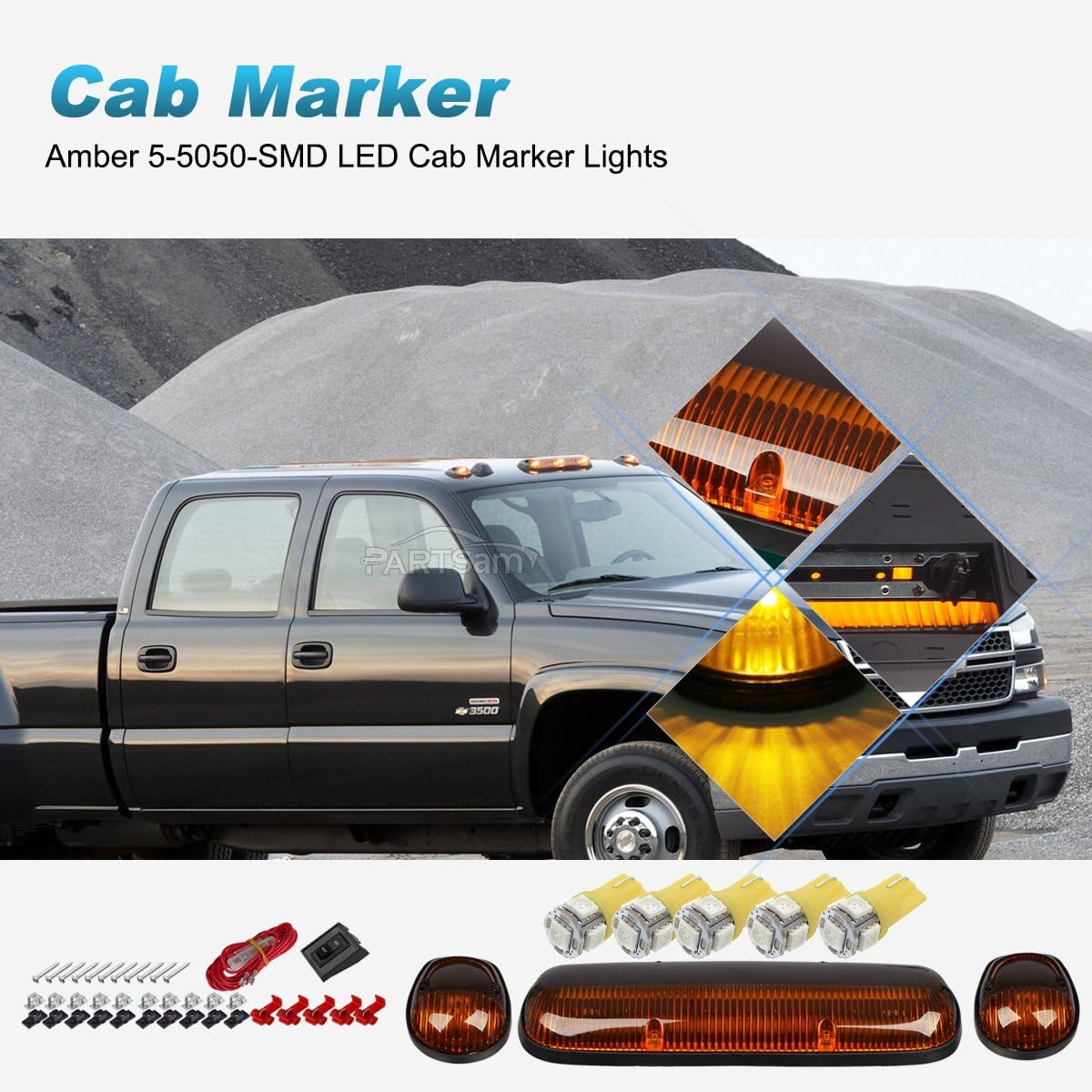 Partsam 3PCS Amber Cab Roof Running Marker Lights +5xT10 5050 Amber LEDs Compatible with Silverado/Sierra 1500 1500HD 2500 2500HD 3500 2002 2003 2004 2005 2006 2007 Pickup Trucks