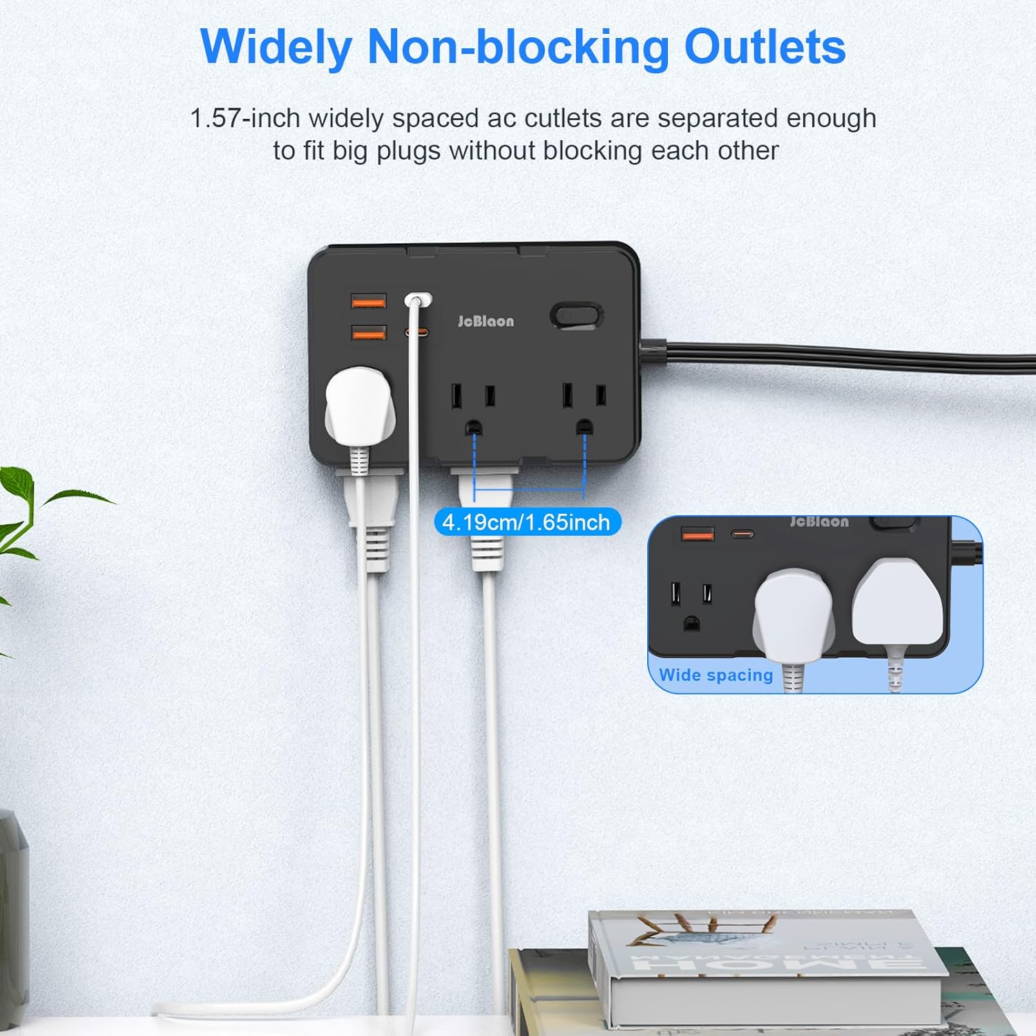 Flat Plug Power Strip Surge Protector, 5ft Ultra Thin Extension Cord with 4 USB Wall Charger(2 USB C Port), 6 Widely-Spaced Outlets Power Strip Compact for Travel, Office, Dorm Room Essentials (Black)