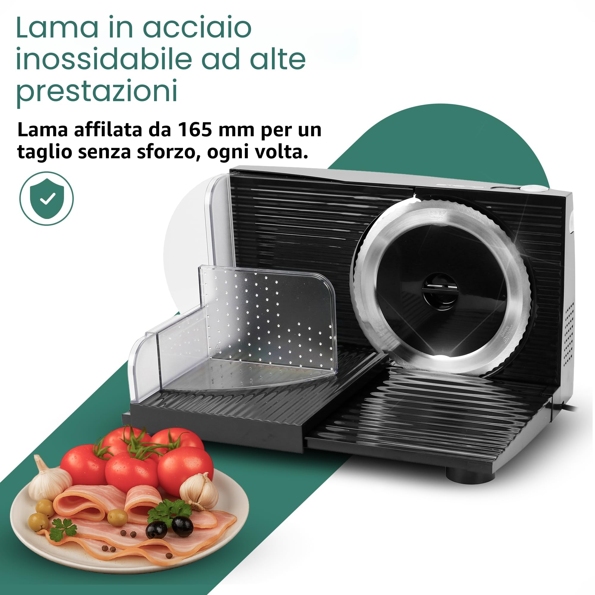 EMERIO Taglierina tutto ''Made in EU'', in acciaio inox prodotto in Germania, regolabile 0-17 mm, senza BPA, pieghevole, con interruttore di sicurezza, Eco 100 Watt, MS-125000.1, nero