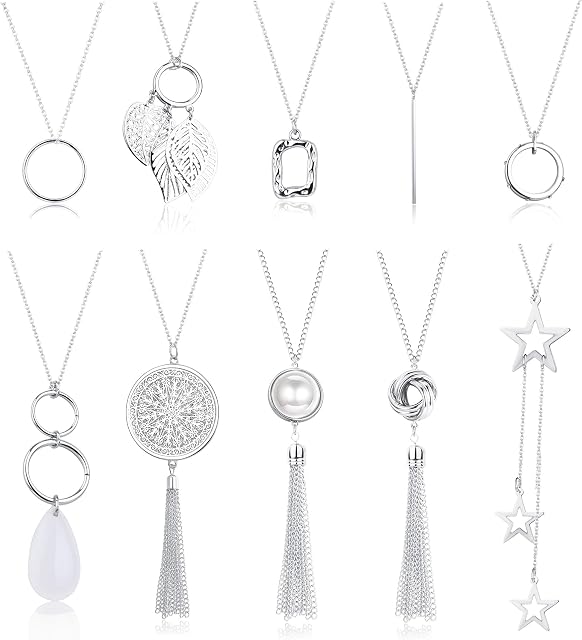 LOLIAS 10Pcs Long Pendant Necklaces for Women Fashion Jewelry Boho Tassel Circle Knot Star Pendant Necklaces Women Y Long Sweater Necklaces Costume Jewellery Silver/Gold