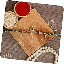 eCraftIndia Green & Golden Om & Peacock Feather Religious Designer Rakhi with Roli Chawal Pack - Rakhi for Brother, Bhaiya, Bhai