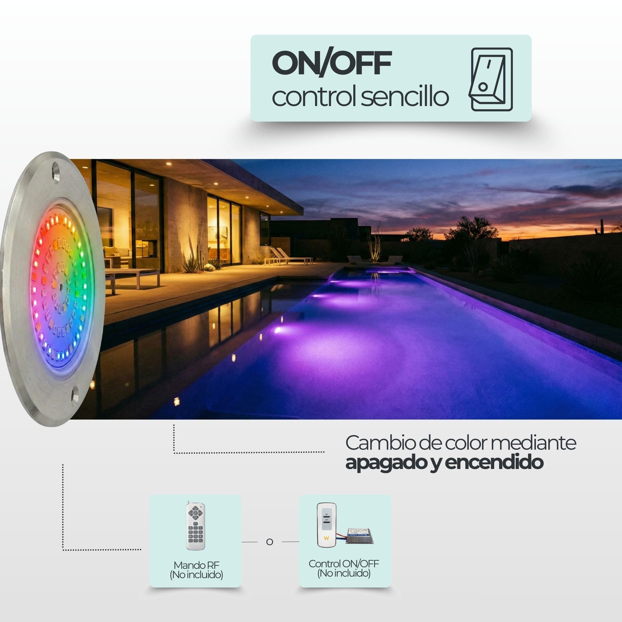 SWIMHOME Warmpool Foco LED Mini Piscina Extraplano, Relleno de Resina, Acero Inoxidable, RGB, Ø11 cm, 6W 12V AC