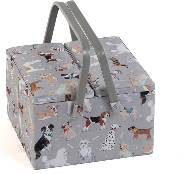Hobby Gift Exclusive Large Twin Lid Sewing Craft Hobby Storage Box, Accessories Tray Pin Cushion Pockets PVC Handles, 25 x 25 x 17cm, Grey Dogs