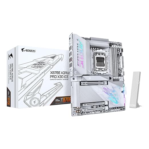 GIGABYTE X870E AORUS PRO X3D Ice Motherboard - Supports AMD Ryzen 9000 Processors, 18+2+2 Phase Digital VRM, up to 9000Hz DDR5 (OC), 2 x PCIe 5.0 + 2 x PCIe 4.0, Wi-Fi 7, 5 GbE LAN, USB 4