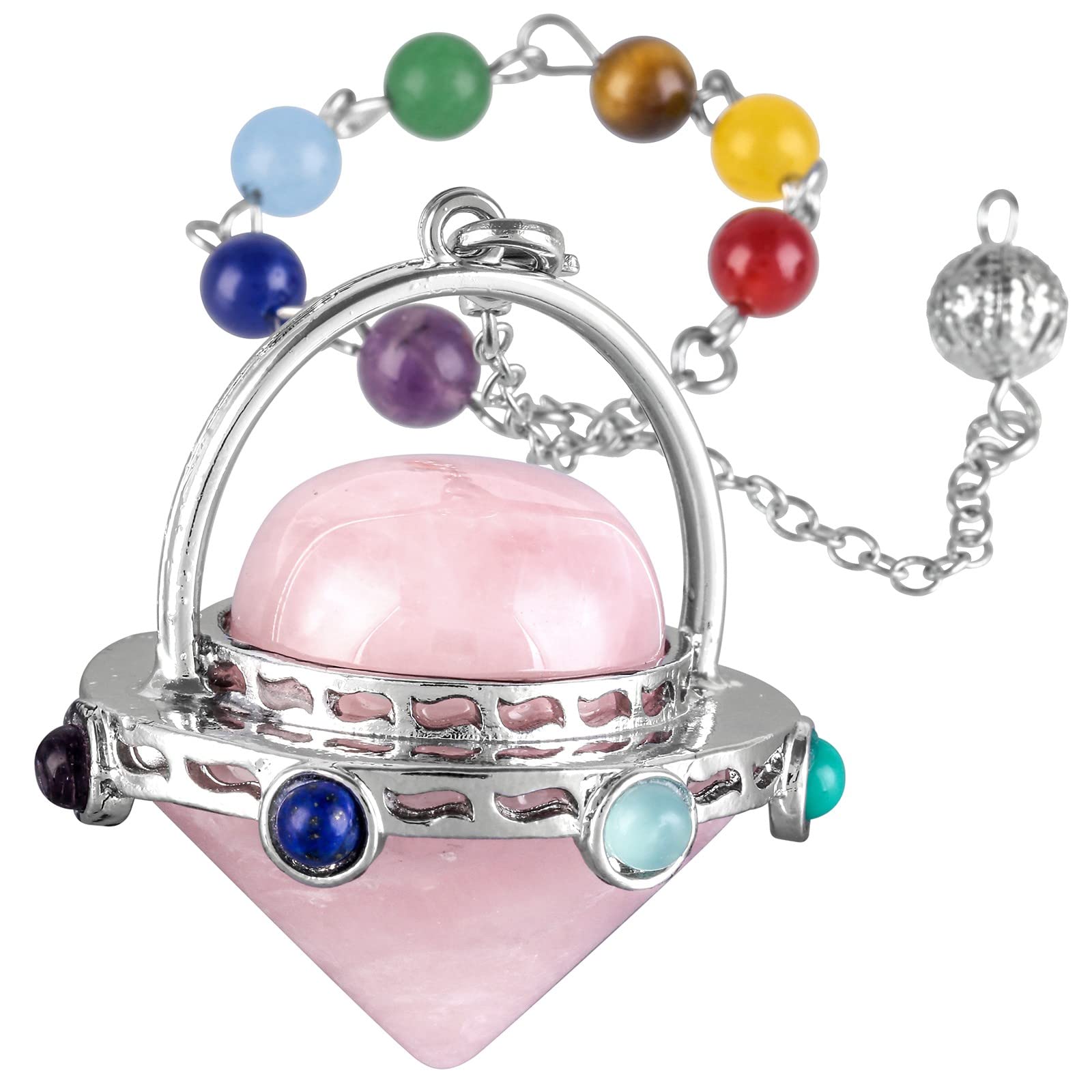 Mookaitedecor - Colgante de péndulo con punta de cristal cónica, de piedras de los 7 chakra con cadena para la radiestesia adivinación y mediación, cuarzo rosa