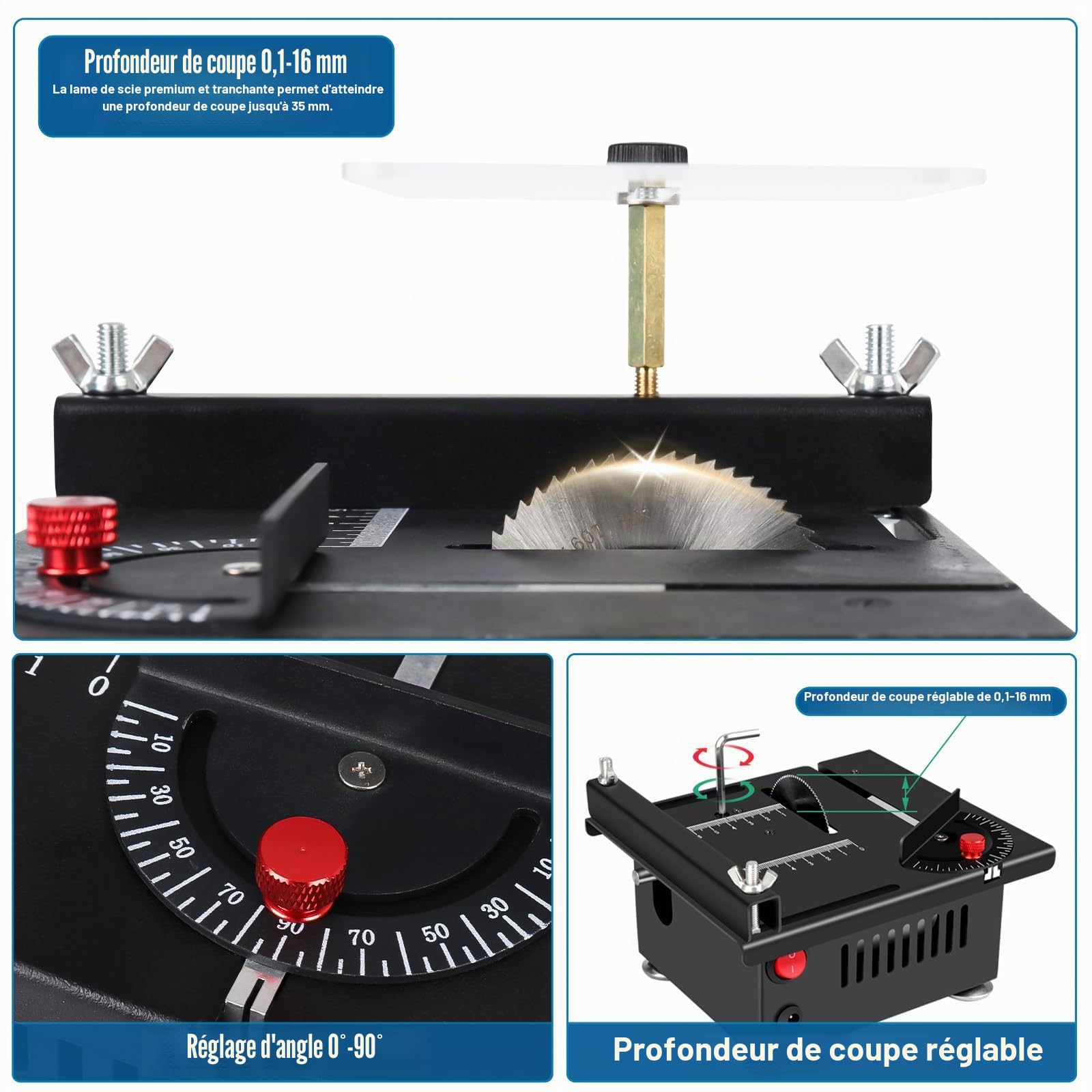 ConBlom Mini scie de table, 100 W, 7 vitesses, angle de coupe 0-90°, profondeur de coupe de 16 mm, idéale pour le bricolage, l'artisanat, le travail du bois