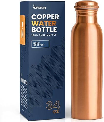 Moscow-Mix Botella de agua de cobre puro para beber, 34 onzas, grande, ayurvédica, 100% probada en laboratorio, tapa a prueba de fugas, recipiente