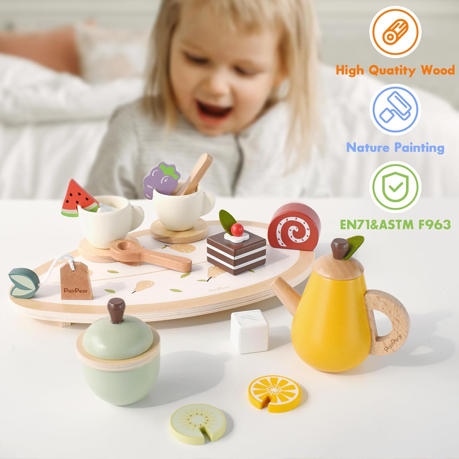 PairPear Wooden Tea Party Set for Little Girls, Kids Tea Sets for Toddler 3-5, 20pcs Pretend Play Fruit Tea Playset Kitchen Accessories Wooden Toys Food for Christmas Birthday
