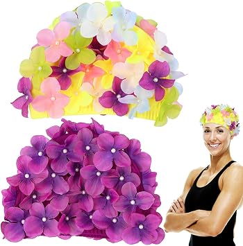Flower Swim Cap 2Pcs Handmade Women Floral Petal Swim Hats Vintage Bathing Caps Three-Dimensional Petals Vacation Accessories for Girls and Short Hair