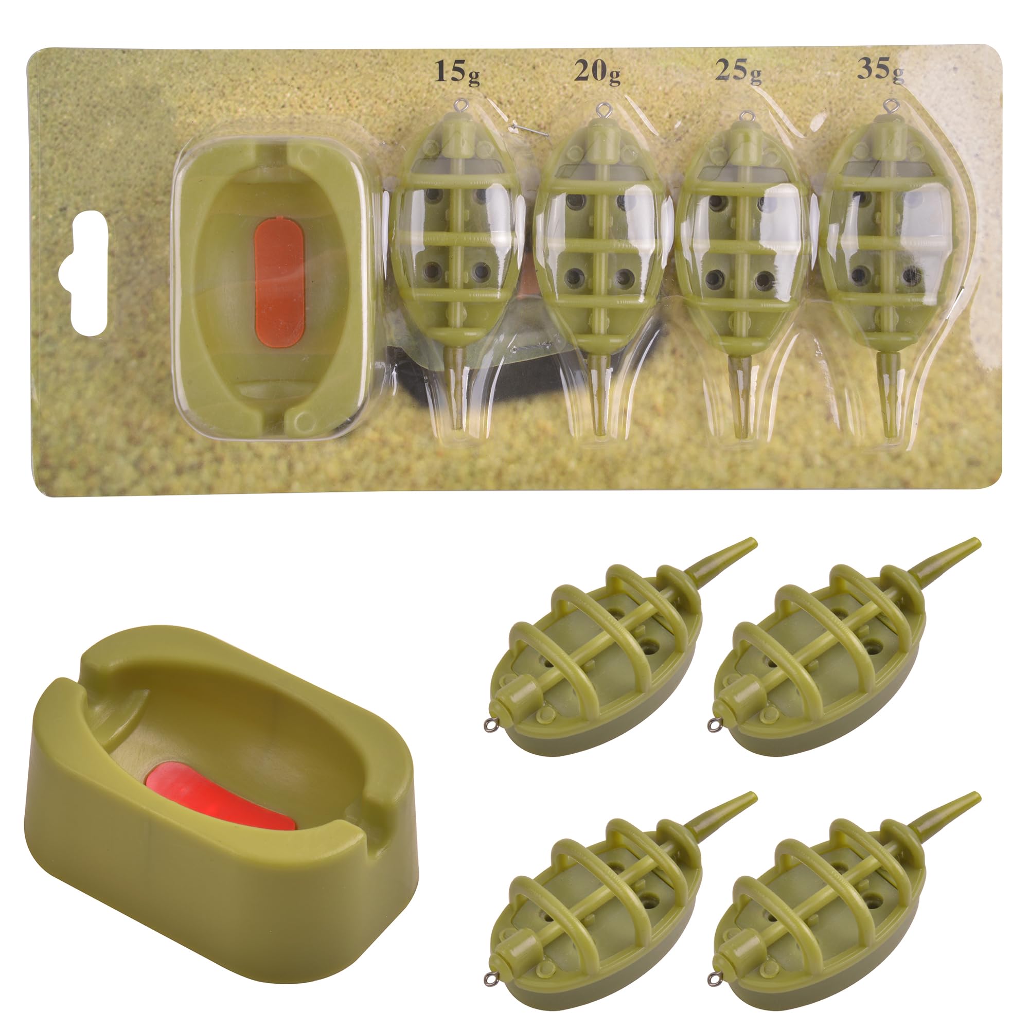 Inline Method Feeder Set 4 Carp Fishing Feeder with 1 Quick Release Fishing Bait Holder Tool Coarse Carp Fishing Accessories Weight 15g,20g,25g,35g