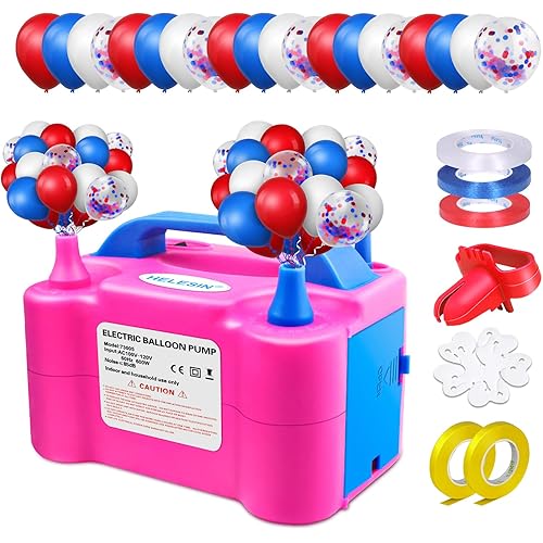 Electric Air Balloon Pump with Red White Blue Balloons, Portable Dual Nozzle Ballon Blower Maschine 600W Balloon Inflator for Party, Birthday, Festival, Patriotic, Baby Shower Decorations