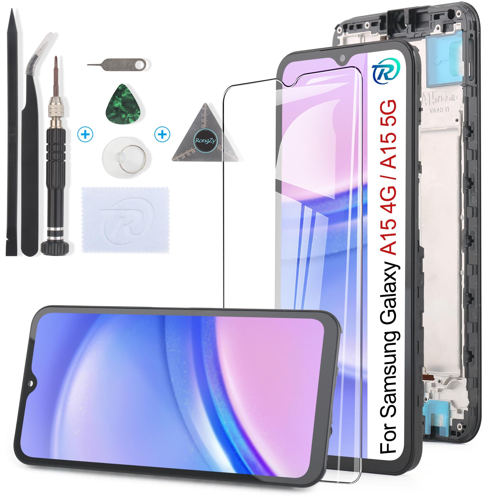 RongZy Écran Tactile LCD Compatible avec Samsung Galaxy A15 4G De Remplacement LCD Tactile Vitre pour Samsung Galaxy A15 5G avec Kit D'outils de Réparation(6.5",Noir avec Cadre)