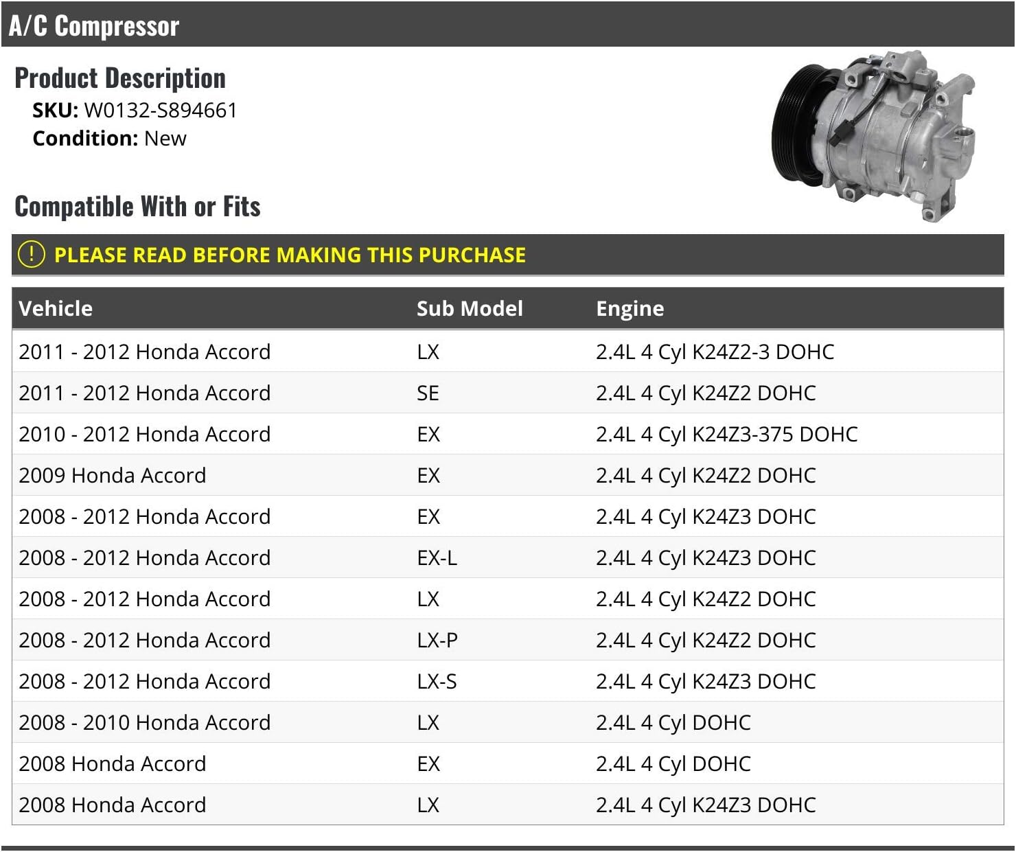 A/C Compressor - Compatible with 2008-2012 Honda Accord