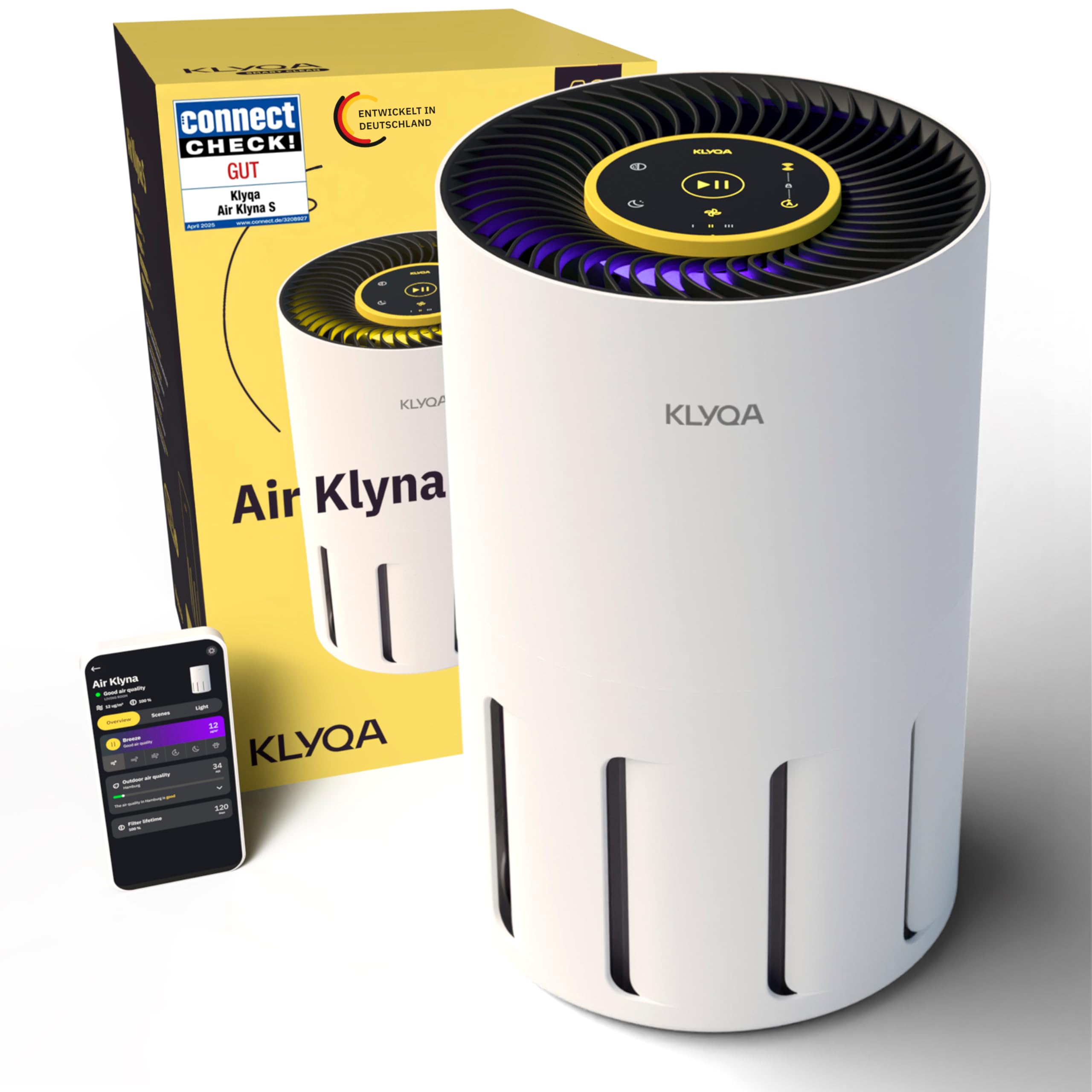 Klyqa Luftreiniger Allergiker 360° HEPA-Filter Leaf entfernt 99,99% der Tierhaare, Staub & Pollen I 300 CADR I 21,5Db Geräuscharmer Luftfilter I Smart Air purifier gegen Tierhaar I Server in DE