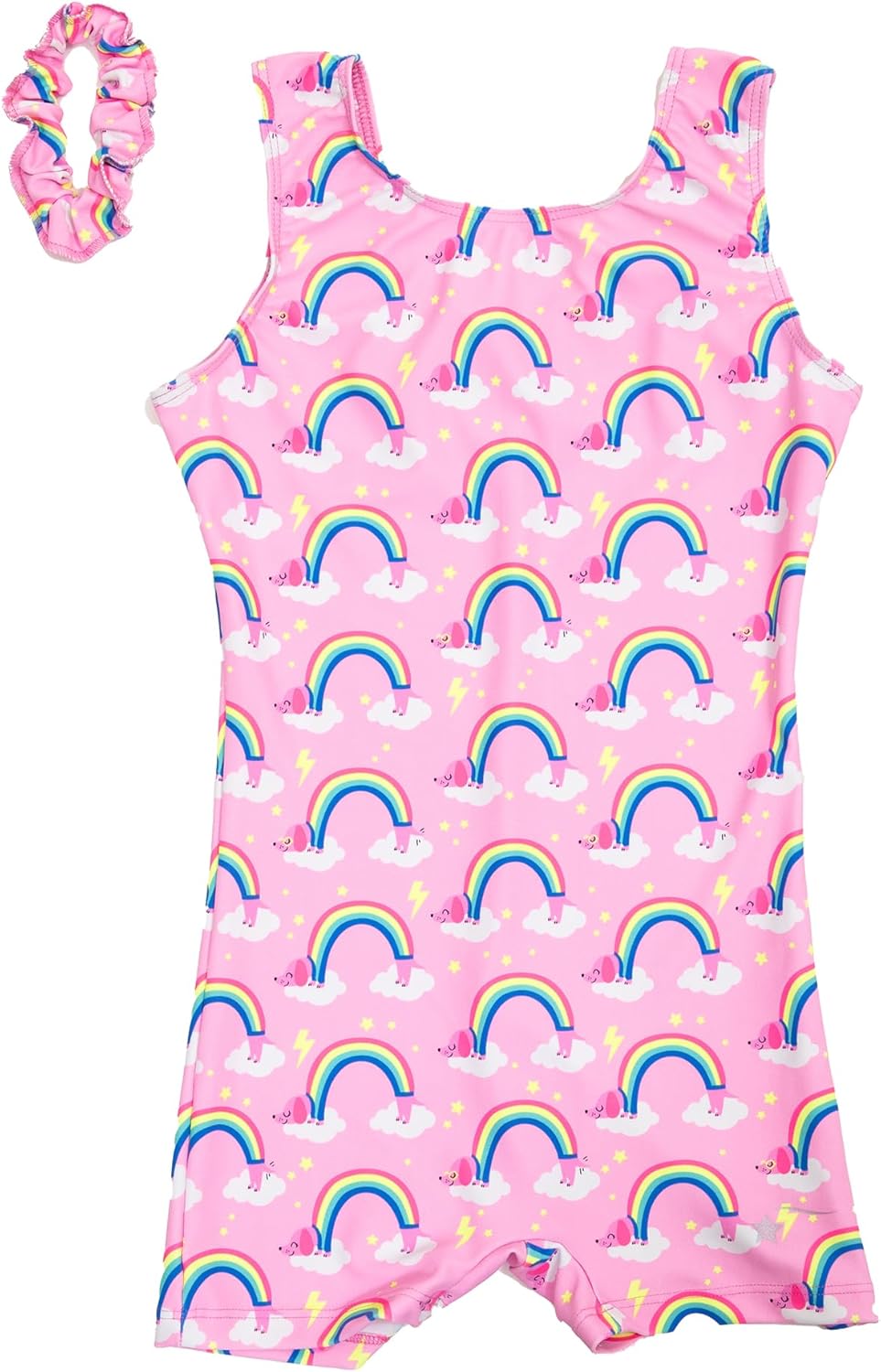 Destira Over the Rainbow Gymnastics Unitard For Girls, Pink Biketard With Puppy Rainbows And Clouds With Matching Scrunchie