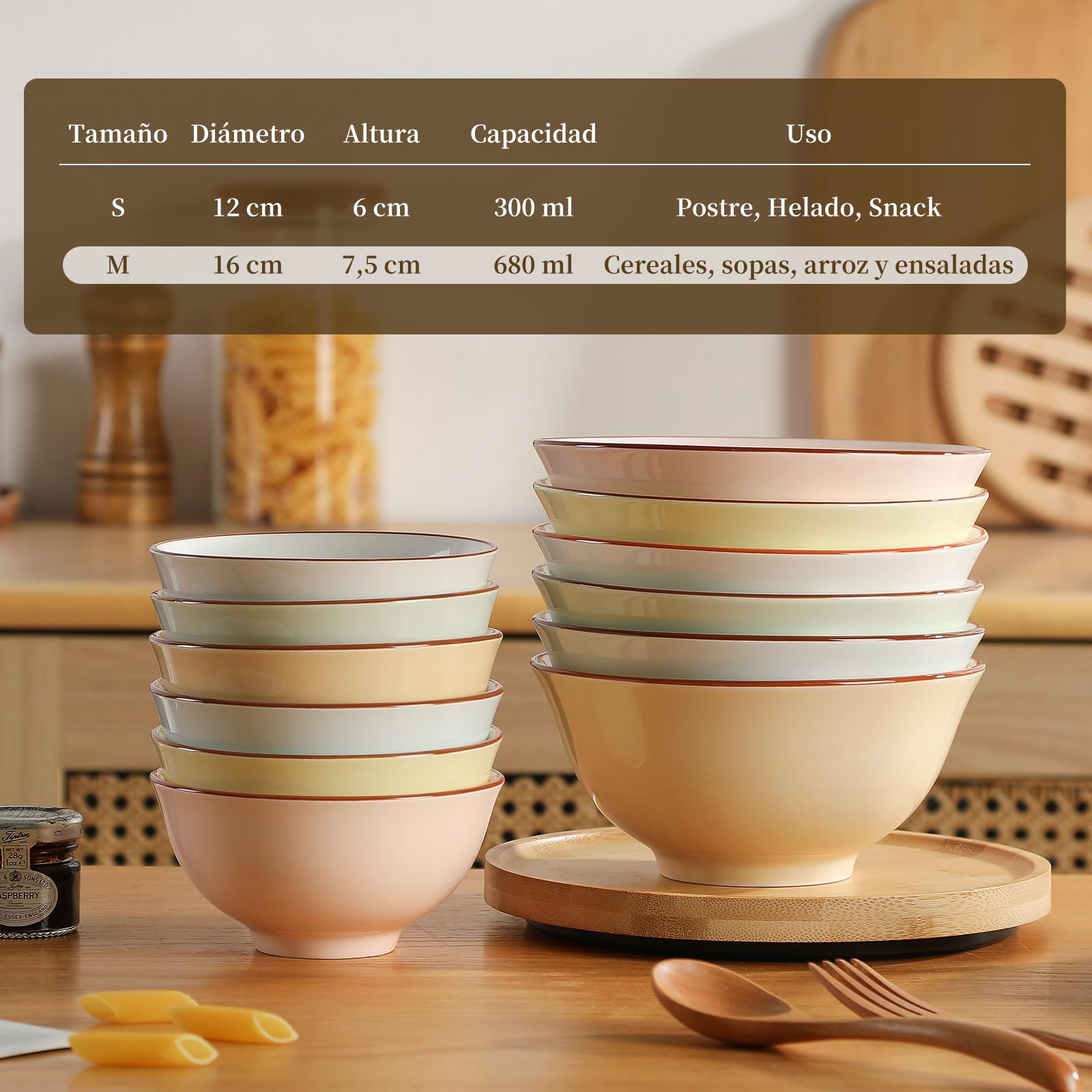 Cuencos Desayuno Bol Cereales Ceramica - Juego de 6 Cuencos Sopa Colores - Set de Tazones Desayuno Porcelana - Cuencos Cocina para Servir Arroz | Ensalada | Gazpacho | Consomé - 16 x 7,5 cm - 680 ml