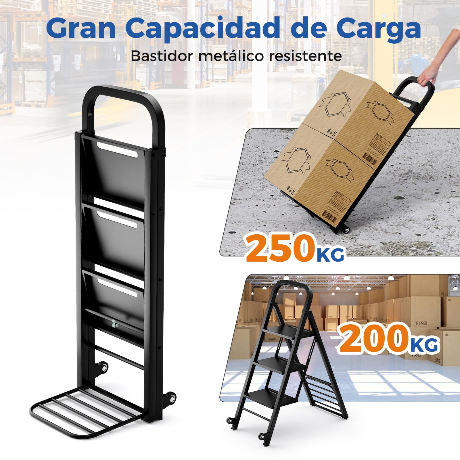 COSTWAY 2 en 1 Carretilla Plegable, Combinación de Carretilla de Mano & Escalera de 3 Peldaños, con 2 Ruedas y Bastidor Metálico Resistente, Carretilla Carga Máx 250 kg, Escalera Carga Máx 200 kg