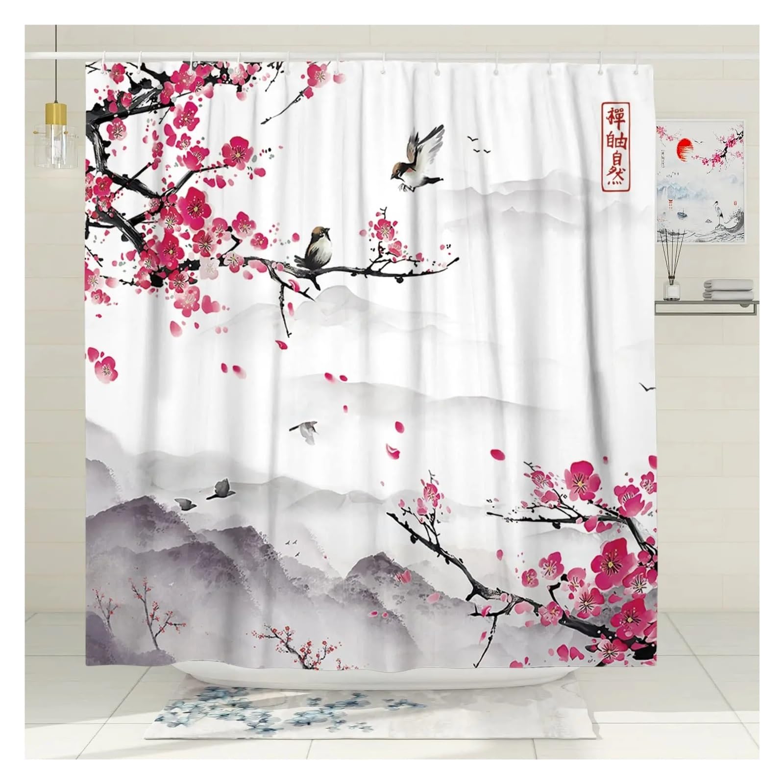 Rideau de douche fleurs de cerisier imperméable avec anneaux pour salle de bain 90x180 cm