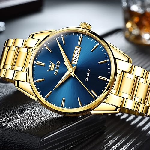 Miniatura 8 de OLEVS Relojes dorados impermeables de acero inoxidable con fecha reloj clásico de lujo para hombre esfera dorada blanca azul verde
