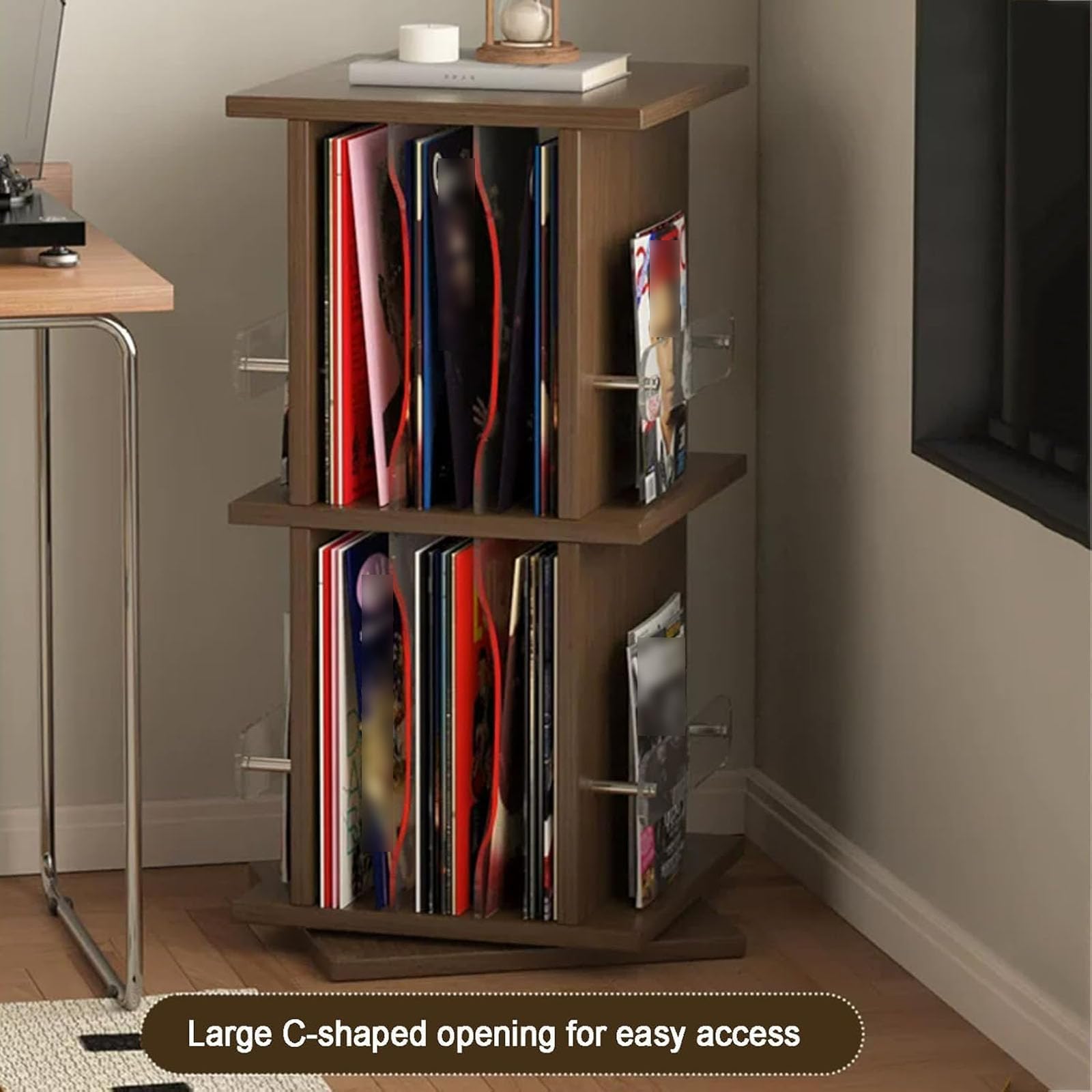 Mobile Porta Dischi In Vinile Girevole A 360°, A 2 Ripiani In Legno Massello, Con Capacità Da 26 A 56 Dischi, Portata Massima 20 Kg, Ideale Per Dischi In Vinile, Libri, Riviste E Cd. A