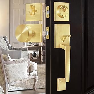 BonKuDoo Satin Brass Front Entry Door Handle, Front Door Lock Set with Single Cylinder Deadbolt and Gold Door Knob