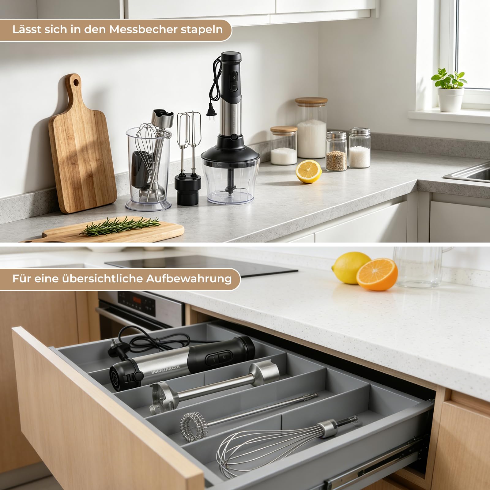 Stabmixer Set 1200W mit 12 Geschwindigkeiten & Turbofunktion – Edelstahl Pürierstab für Suppen, Soße, Smoothies – inkl. 800 ml Messbecher, 600 ml Zerkleinerer & Milchaufschäumer – spülmaschinenfest