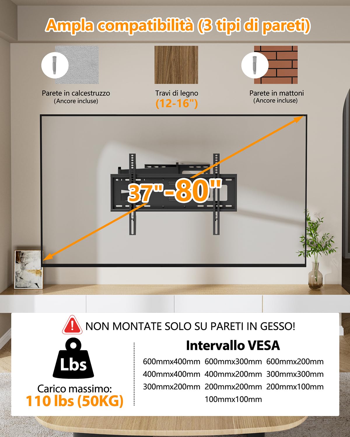 FORGING MOUNT Supporto a Parete per TV con Braccio Articolato Extra Lungo 1090 mm per Schermi TV Piatti/Curvi da 37-80 Pollici, Inclinabile, Rotabile, Max VESA 600x400mm, Portata 50KG