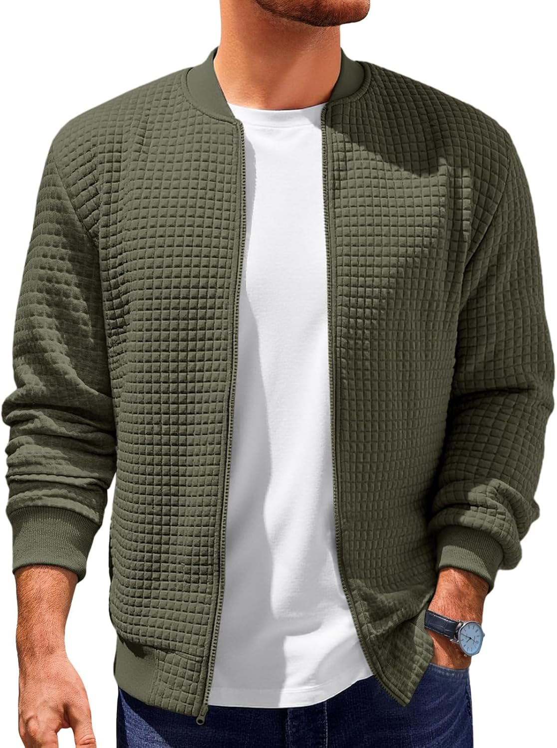 Runcati Mens Bomber Jacket Casual Lightweight Varsity Jackets Waffle Full Zip Coat