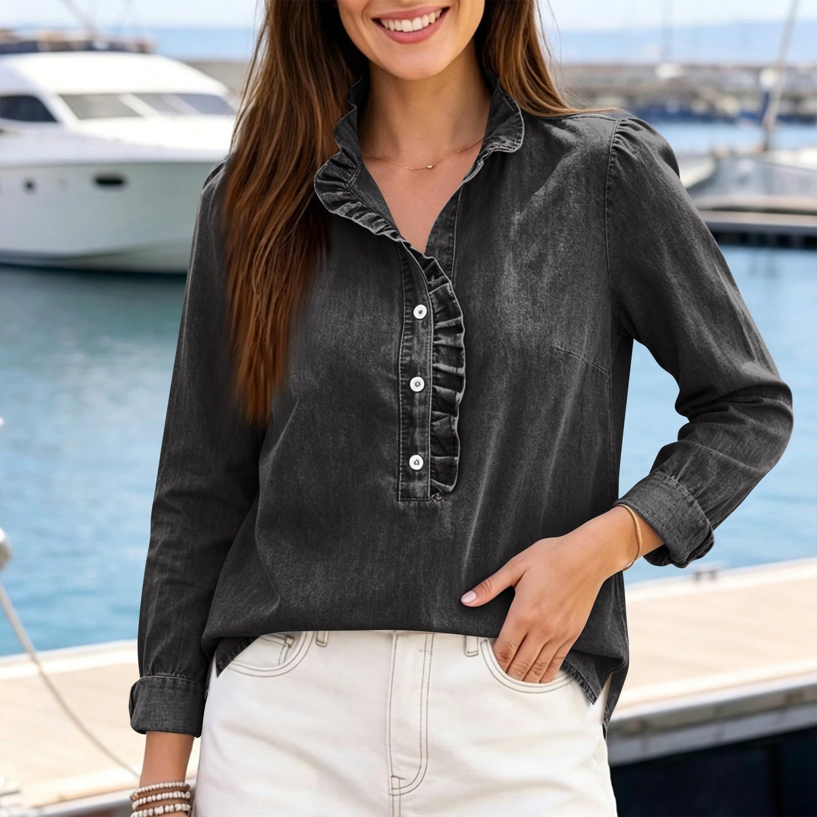 Camisa vaquera de manga larga para mujer, de manga larga, informal, de | Blusa vaquera con solapa, informal, de cambray con volantes, camisa vaquera, monocolor, elegante blusa vaquera