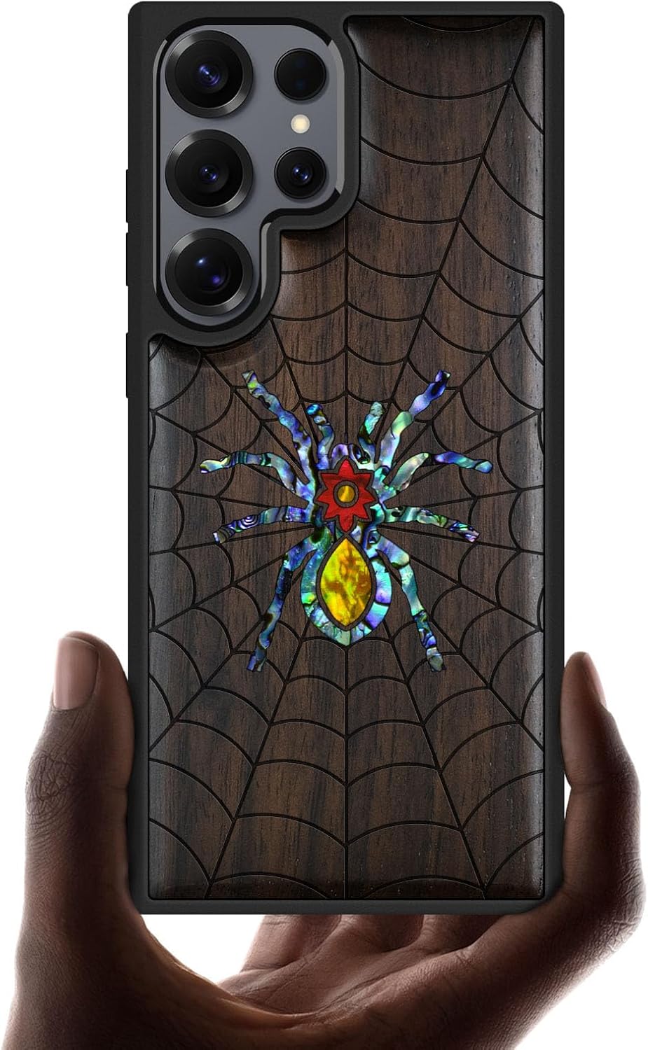 Carveit Magnetic Wooden Case for Samsung Galaxy S25 Ultra Case, Wood Artisan Engraved & Handmade Shell Inlaid, Compatible with MagSafe Wireless Chargers (Spider Web) Blackwood