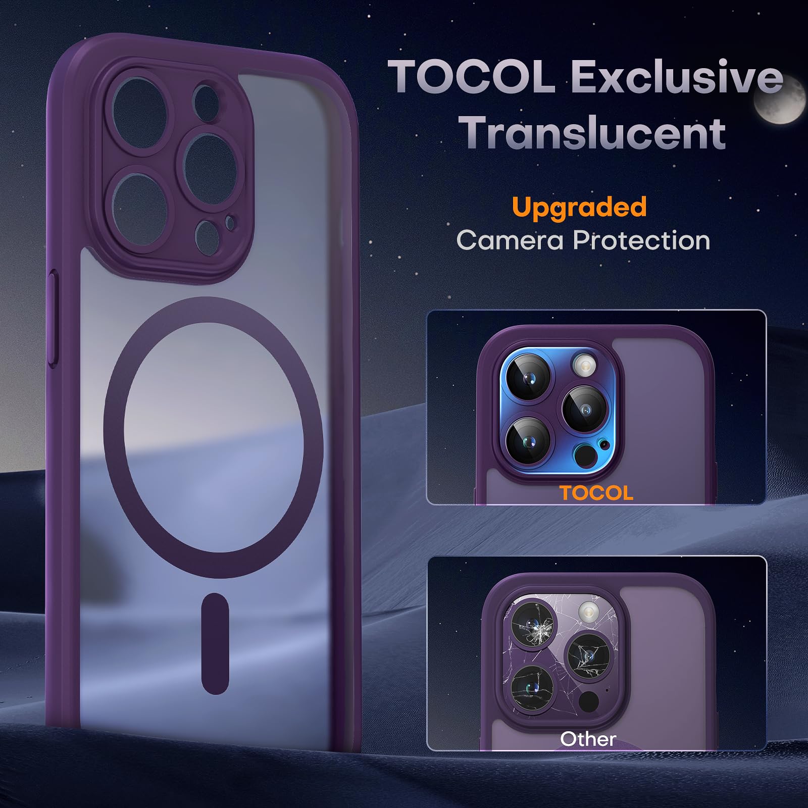 TOCOL 3 in 1 Cover Magnetica per iPhone 14 Pro Max 6,7 Pollic, con 2 Vetro Temperato, Compatibile con MagSafe [Protezione Fotocamera Integrata] Custodia Antiurto Traslucida Opaca, Viola Intenso