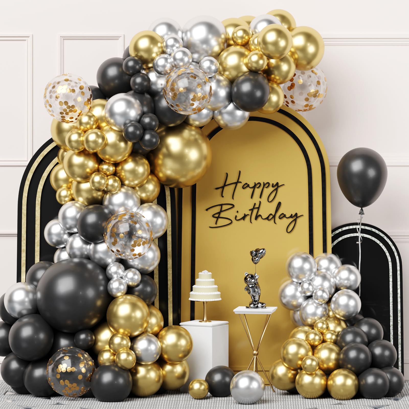 Kit de Arco de Globo Negro Dorado, 100pcs Kit Guirnalda Arco Globo Plateado Oro Negro, Globos de Decoraciones Fiesta Cumpleaños Hombres Niños para Graduación, Año Nuevo, Jubilación, Boda, Aniversario