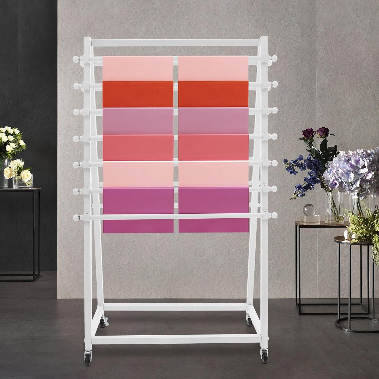 15 Freestanding Ribbon Holder Organizer, Ribbon Storage Rack with Wheels, Floor Standing Double-Sided Scarf Rack, Movable Scarf Towel Holder for Home, Flower Store, Gift Shop (White)