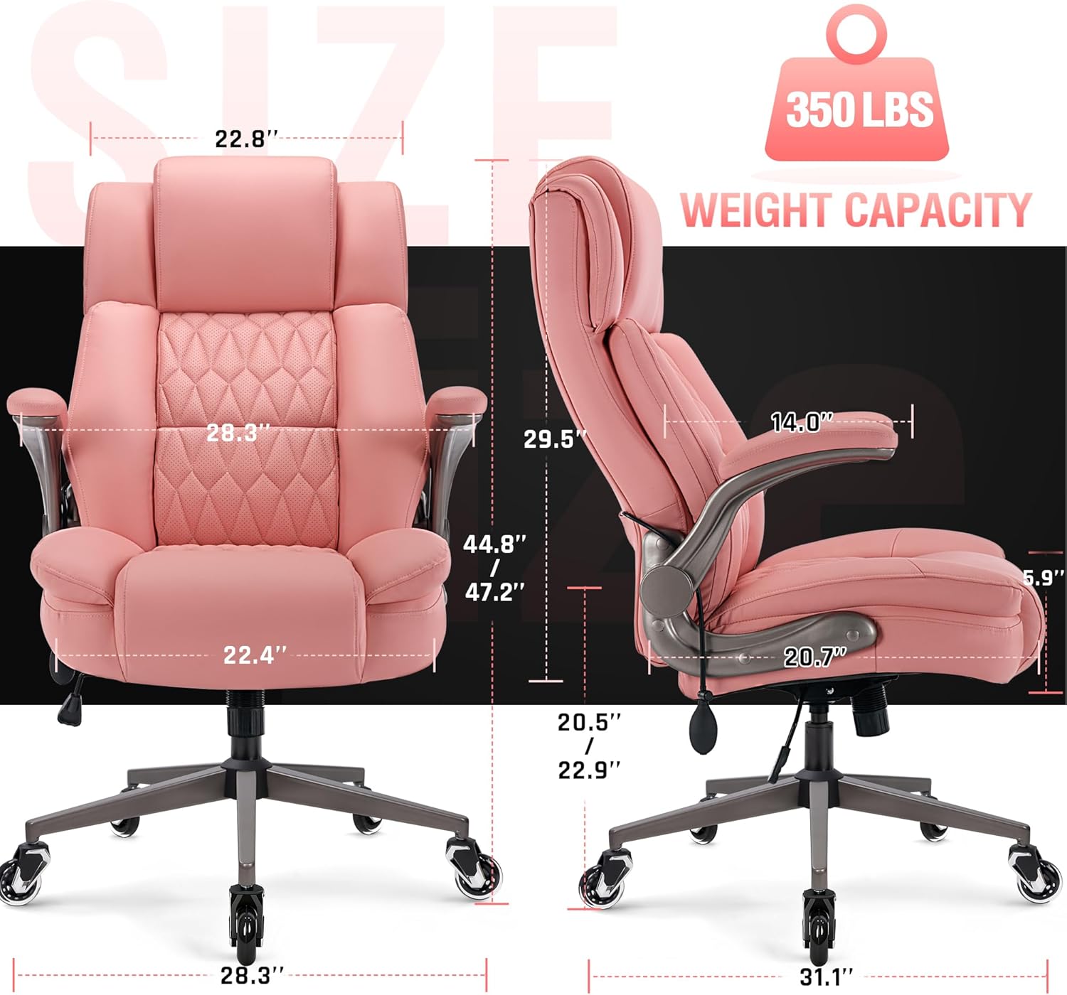 Large High Back Office Chair - Adjustable Lumbar Support Flip Up Arms Heavy Duty Quiet Wheels Metal Base Breathable Bonded Leather Ergonomic Executive Computer Desk Chair with Storage Bags, Pink