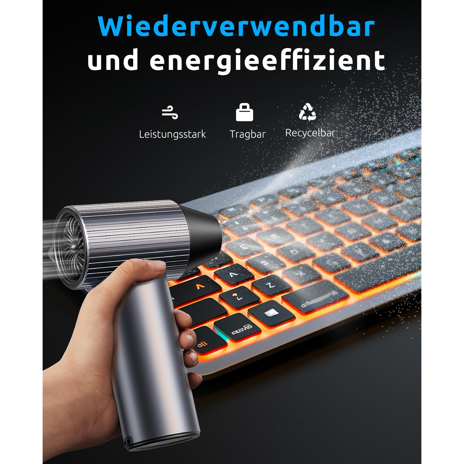 300.000 U/min Elektrische Staubgebläse - Compressed Air Duster mit 240W Motor, 7500mAh Staubgebläse Akku & Robustes Metallgehäuse – 3-Gang Jet Blower Turbo Fan Duster für Laptop,Auto,Sofa