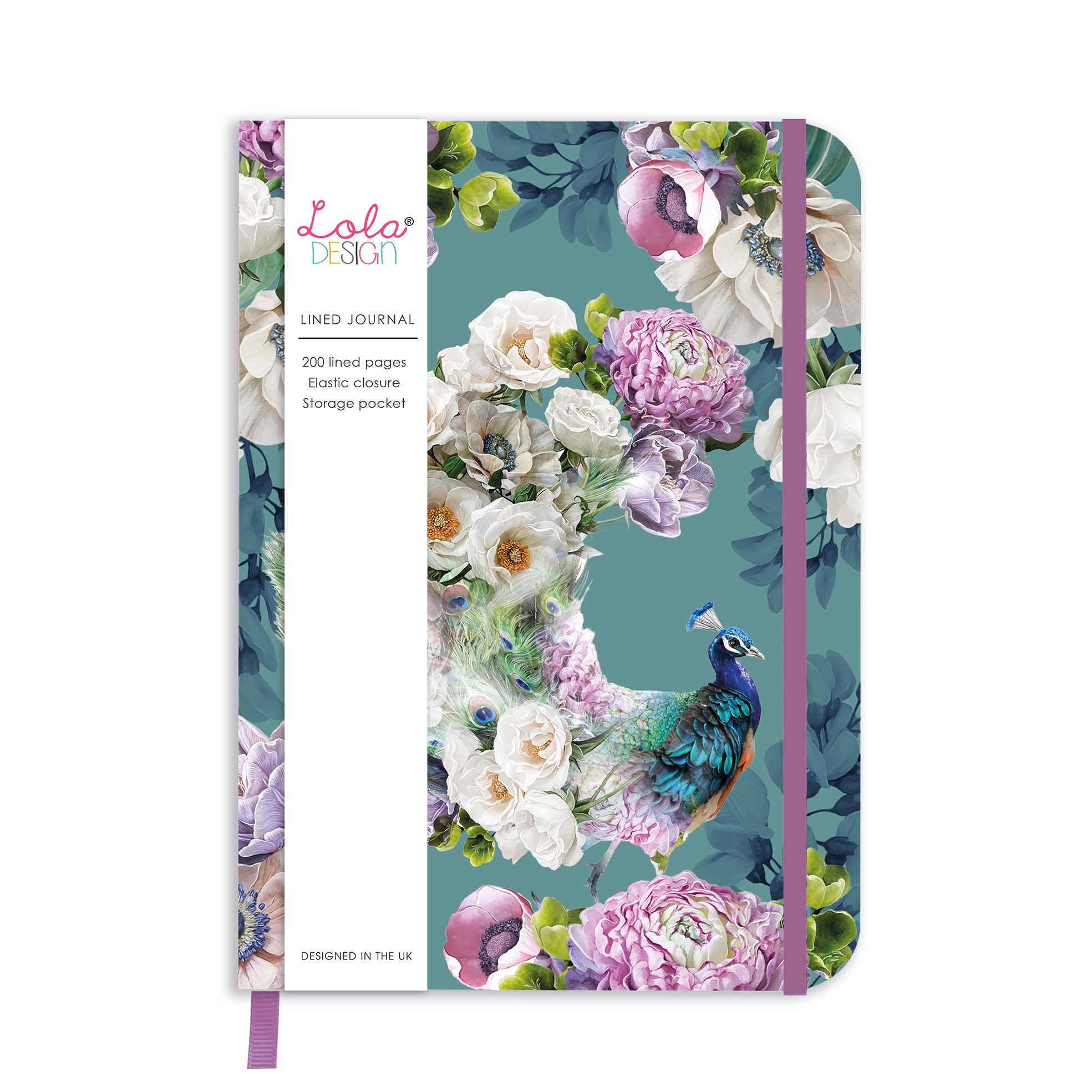 Lola Design, Hardback Journal Notebook, Peacock Design, Ideal for Gifting Journaling & Travel, With Elastic Closure