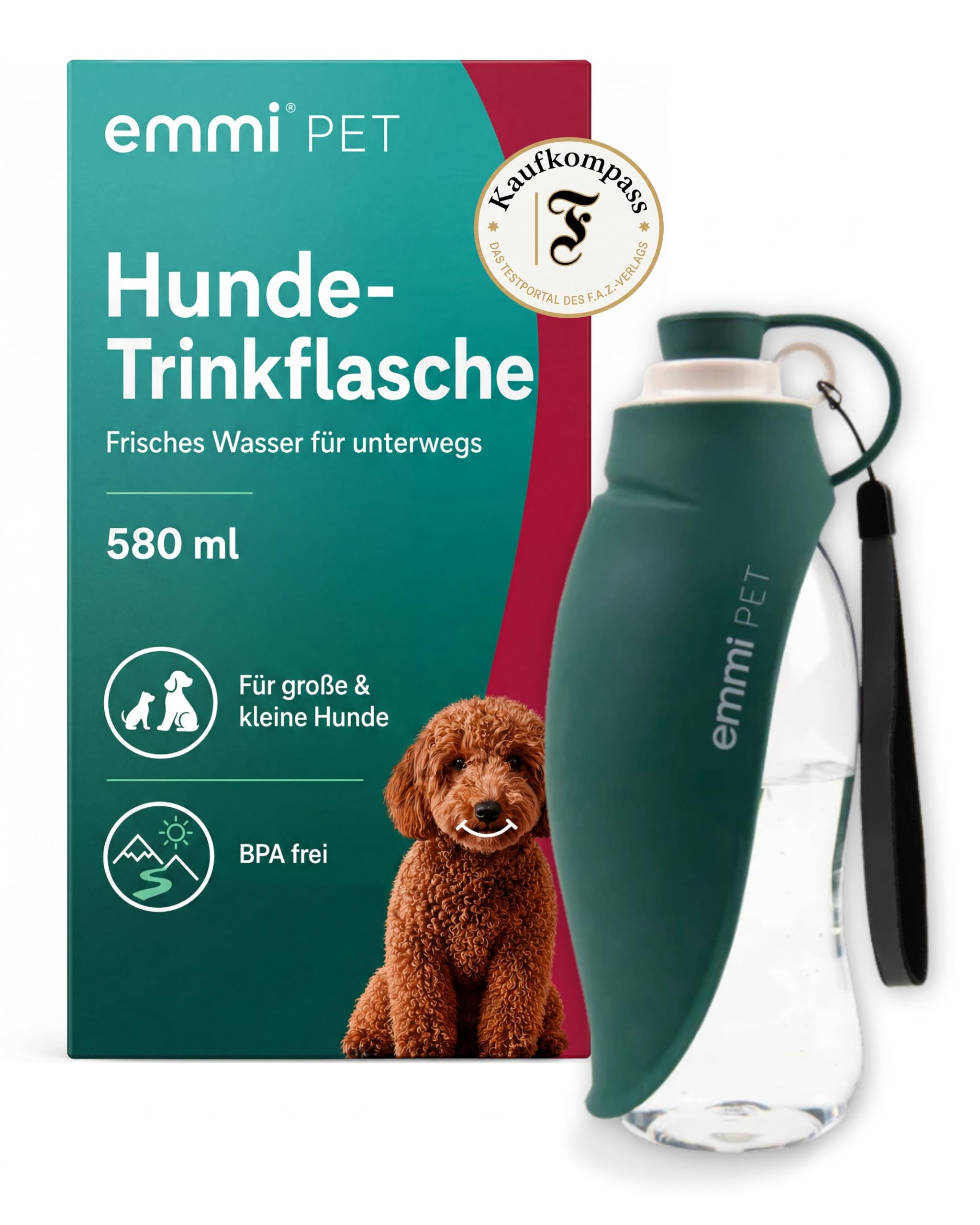 emmi-PET Hundetrinkflasche in Dunkelgrün I 580 ml I Auslaufsichere Trinkflasche mit integriertem Napf I Ideal für Spaziergänge, Reisen & Outdoor I Frisches Wasser to go für kleine & große Hunde