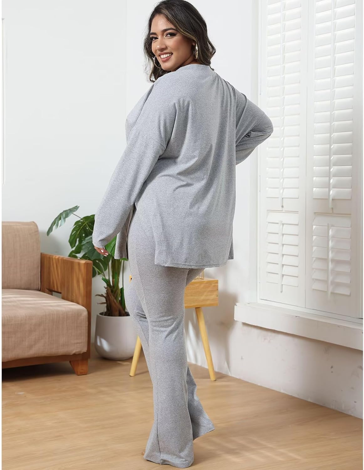 IyMoo Womens Plus Size Pants Suits Tracksuits 2 Piece Set Outfits Long Sleeve V Neck Slit Pullover Flare Leg Loungewear - Image 6