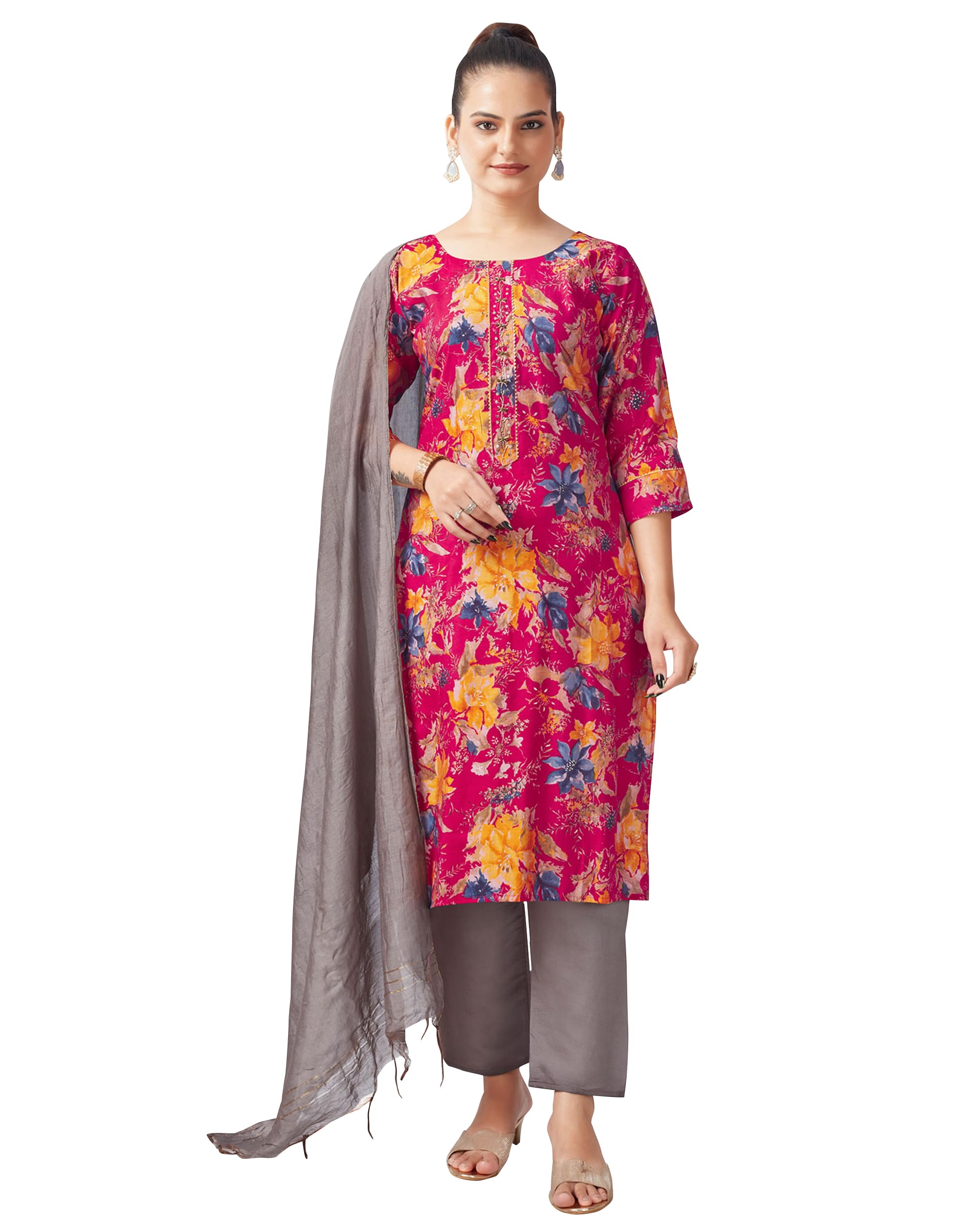 PeachmodeFloral Foil Printed Modal Kurta Set