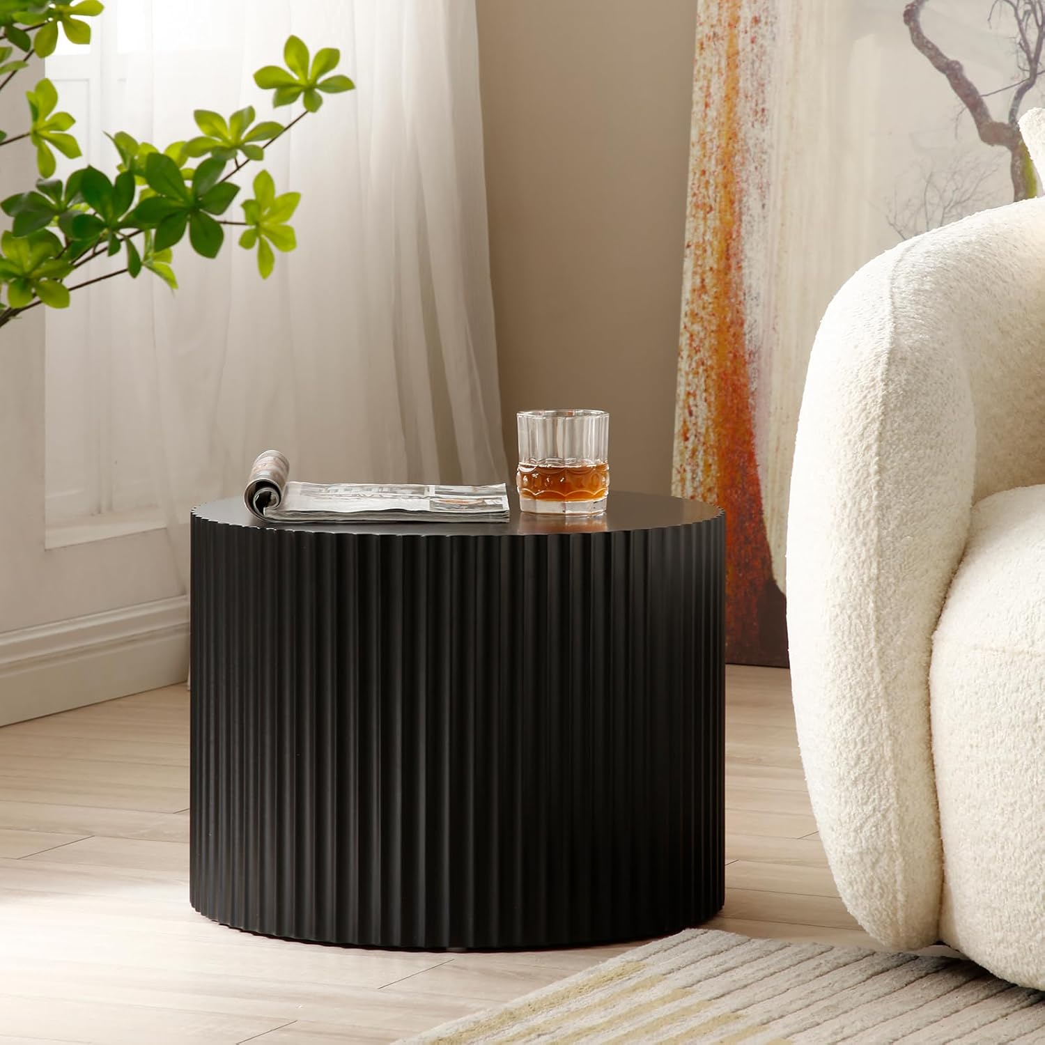 Round Nesting Coffee Table Set of 2, Modern Handcraft Wood Side Table Drum Accent End Table Embossed Design Circular Coffee Table Set for Living Room Bedroom, Black