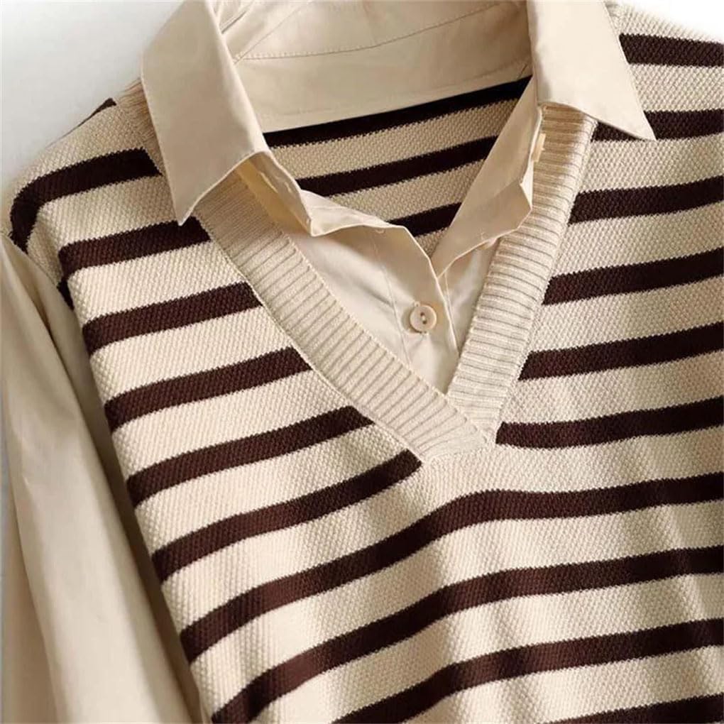 Women's Fake Two-Piece Long Sleeved Button Knit Spliced Pullover Sweater Beige L