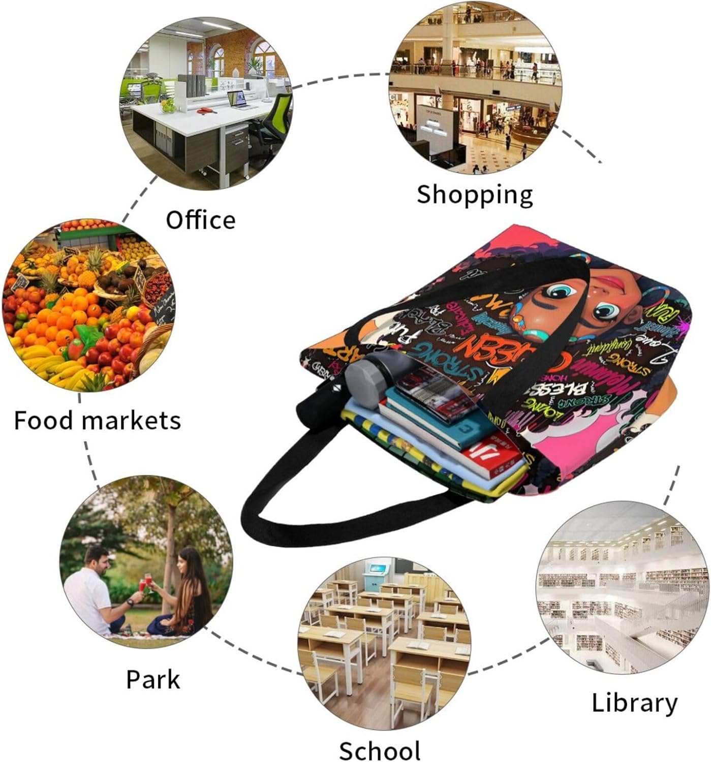 Inspirational African American Art Tote Bag, Black with Colorful Graffiti Design Handbags For Gym Shopping Travel - Image 6