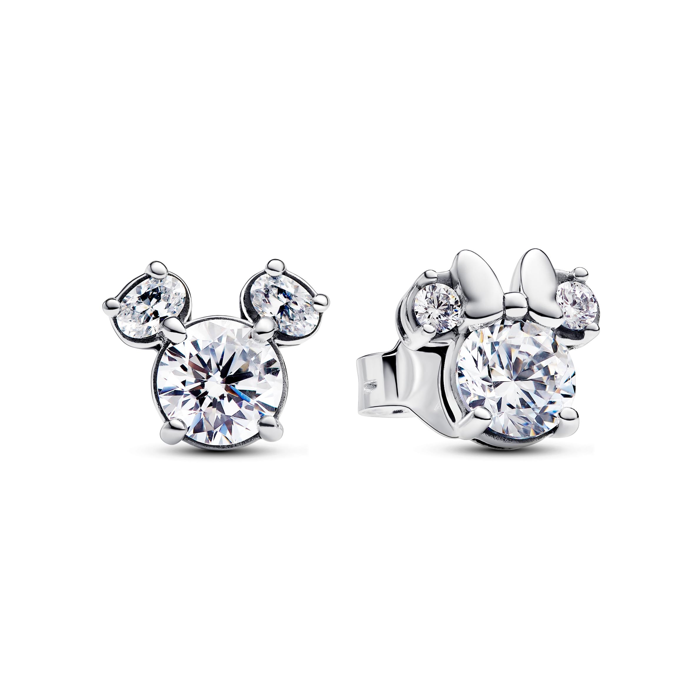 PANDORA Disney Pendientes de botón de plata de ley con silueta de Mickey y Minnie con circonitas cúbicas transparentes