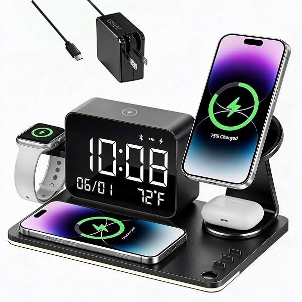 Estación de carga inalámbrica magnética 7 en 1 con reloj digital y lámpara LED | adaptador de 65W, carga rápida de 25W, hub de carga para 6 dispositivos, soporte giratorio, sincronización de hora Bluetooth, compatible con Qi MagSafe