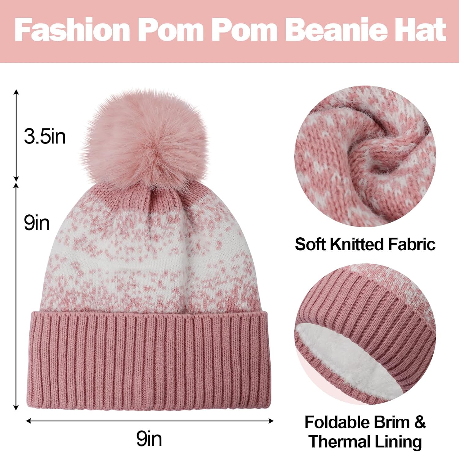 Women Beanie Hat Scarf Gloves Set, Warm Fleece Lined Winter Cap with Pom Pom, Long Knit Scarf Touchscreen Gloves - Image 2