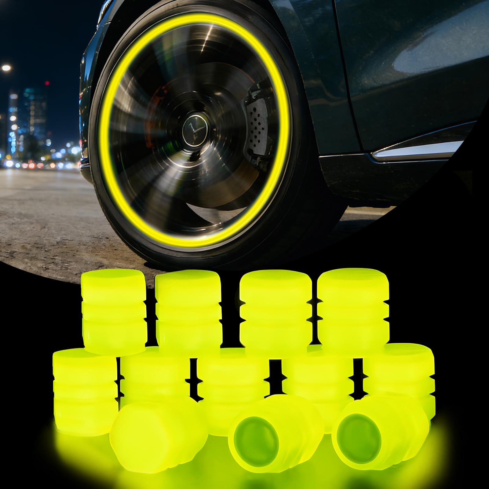 12 Stück Ventilkappen Auto Leuchtend,Leuchtende Ventilkappen Auto, Fluoreszierende Reifenventilkappen,Universelle Fluoreszierende Reifenventilkappen,LeuchtendesAuto Reifenventil für Autos (Gelb)