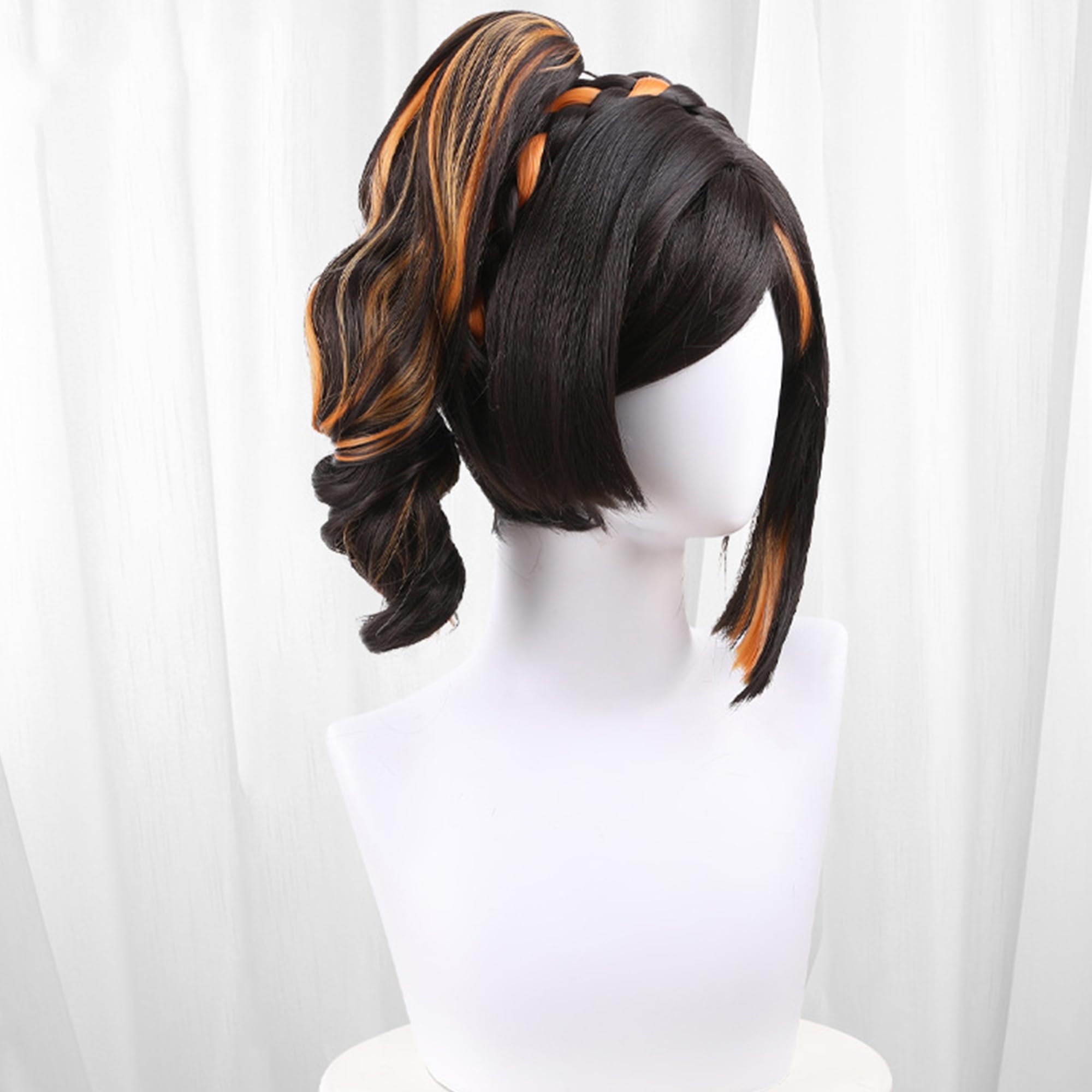 Brown Mix Orange Curly Pigtail With Bangs Heat Resistant Synthetic Hairs for Women Halloween Cos Anime Party Replacement Wigs - Image 3