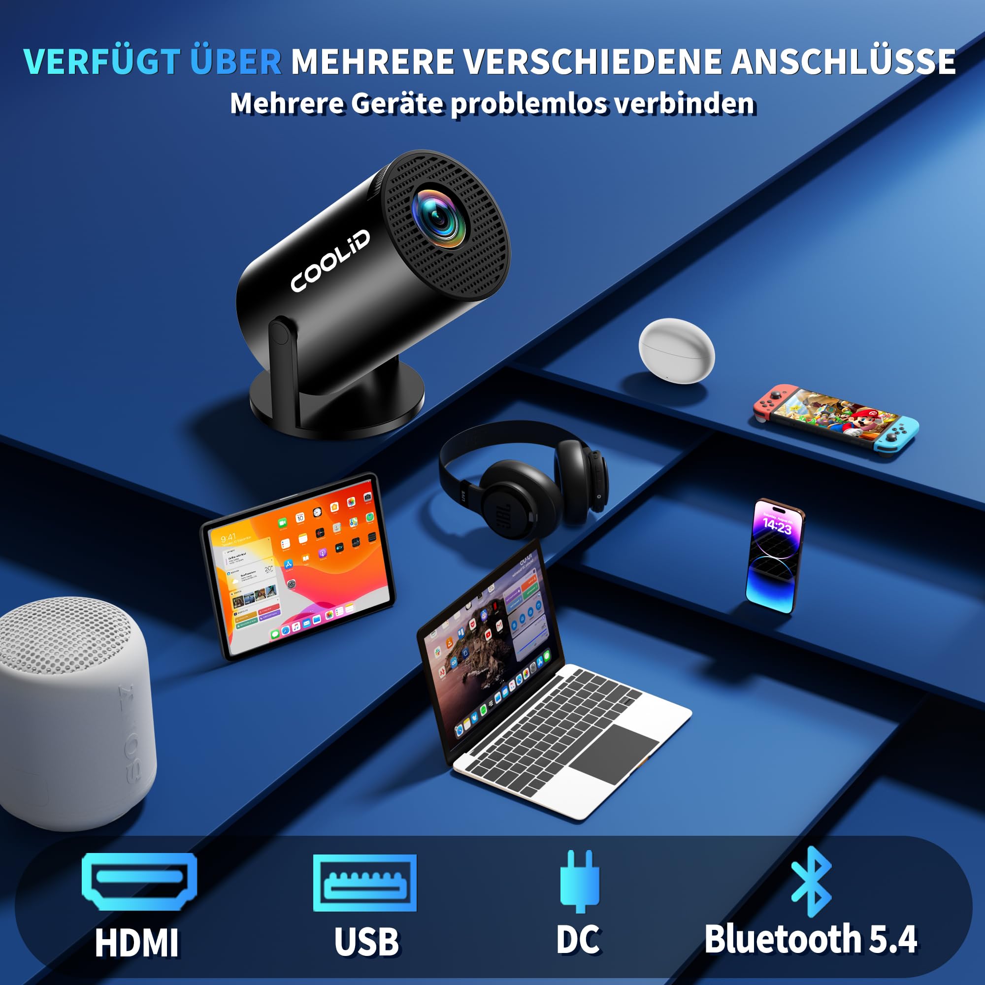 Mini Beamer Unterstützt 4K 1080P 2026 Neuer Tragbarer Projektor mit 5G WiFi 6 und BT 5.4, Beamer Klein Projektor mit Automatische Trapezialkorrektur 180 ° Drehung für HDMI/Tv Stick/USB/Laptop, Schwarz