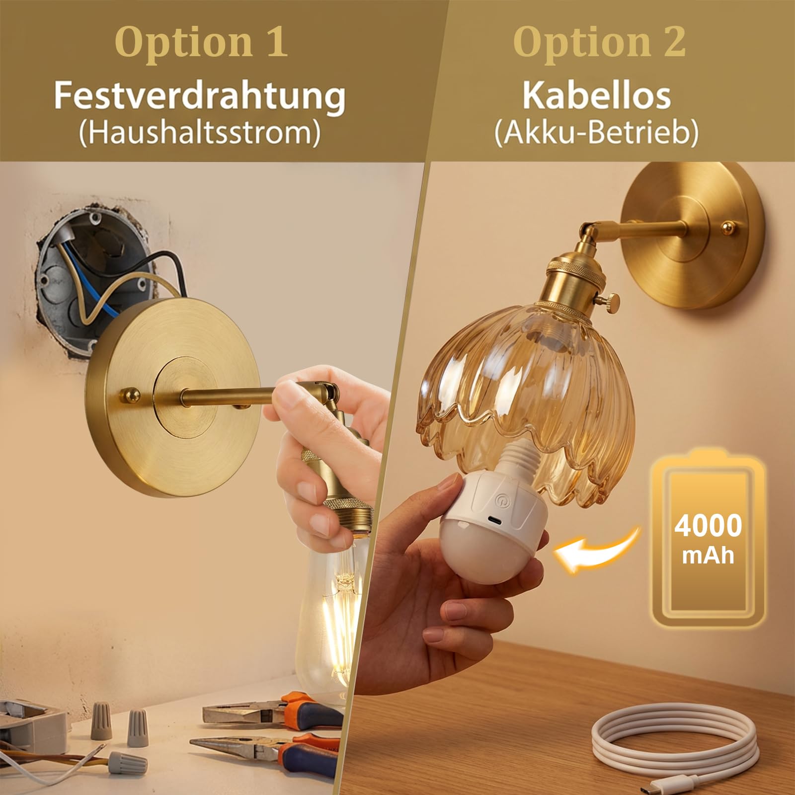 Akku Wandleuchte Innen 4000mAh Retro 2 Stück, Gold LED Wandlampe ohne Stromanschluss mit Glas Tulpe Schirm, Dimmbar & RGB Speicherfunktion Timer Fernbedienung für Schlafzimmer Flur Wohnzimmer